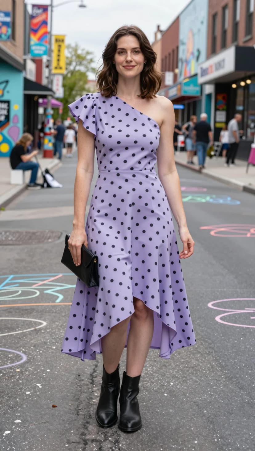 Lavender Polka Dot Midi Dress + Black Leather Ankle Boots + Black Clutch