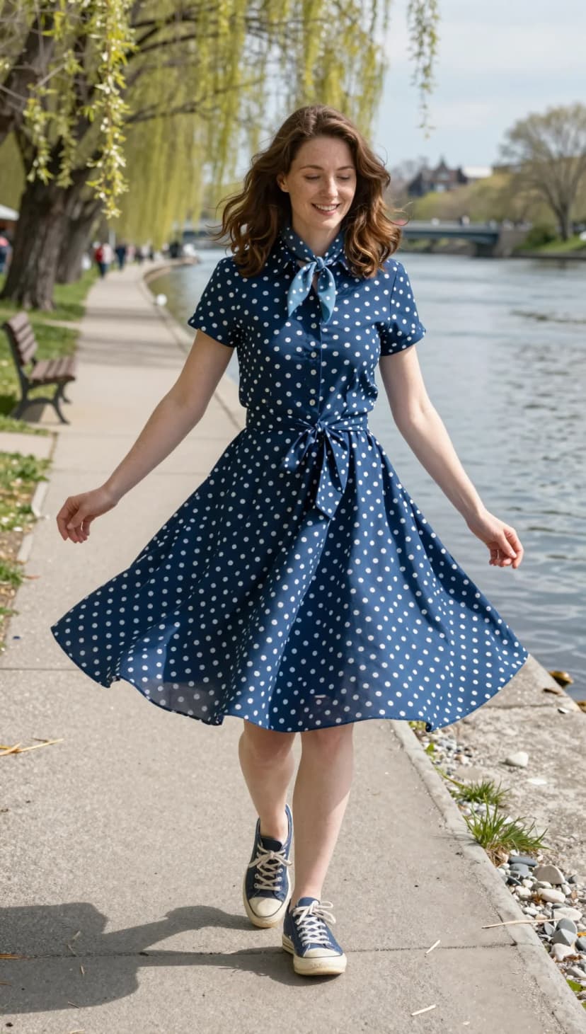 Navy Polka Dot Cotton Dress + Light Blue Silk Scarf + Navy Canvas Sneakers