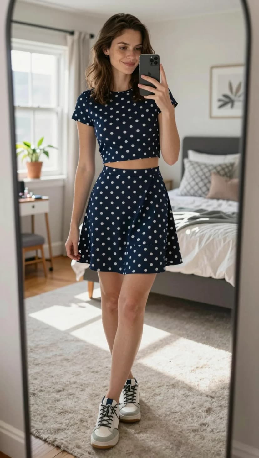 Navy Polka Dot Cotton Crop Top + Navy Polka Dot Cotton A-Line Skirt + White and Grey Leather Sneakers