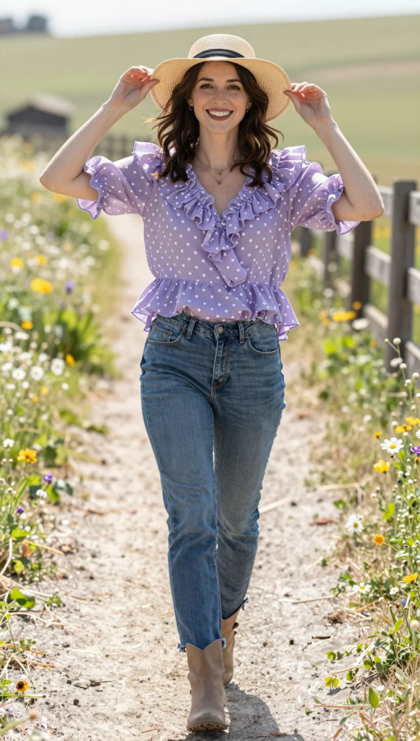 Purple Polka Dot Ruffle Crop Top + Blue Denim Jeans + Taupe Suede Ankle Boots + Straw Hat