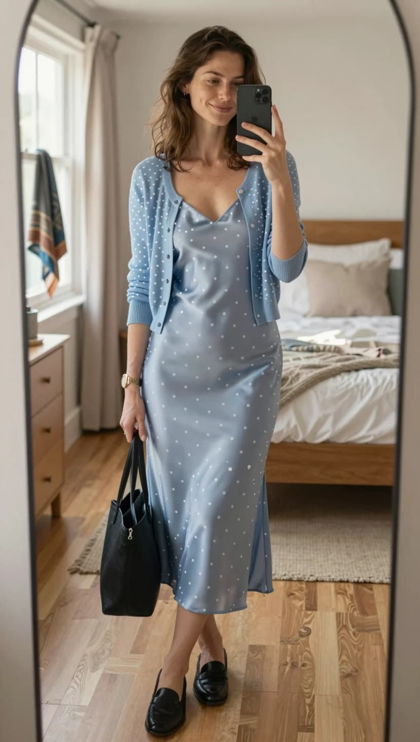 Powder Blue Polka Dot Satin Slip Dress + Powder Blue Polka Dot Knit Cardigan + Black Leather Loafers