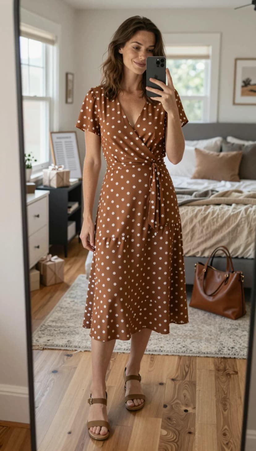Brown Polka Dot Wrap Dress + Brown Leather Tote Bag + Brown Suede Sandals