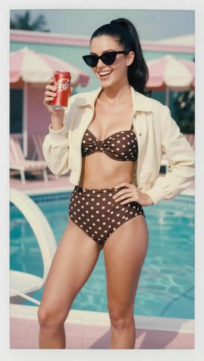 Brown Polka Dot Bikini + Cream Bomber Jacket