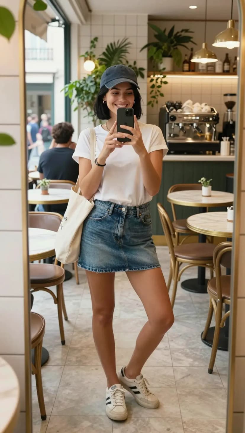 White Cotton T-Shirt + Blue Denim Mini Skirt + Navy Cotton Baseball Cap