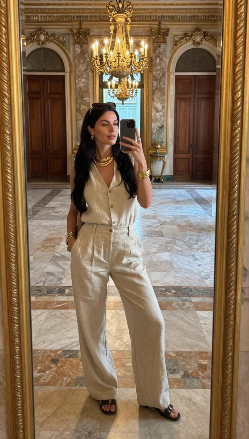 Beige Linen Sleeveless Button-Up Top + Beige Linen Wide-Leg Trousers