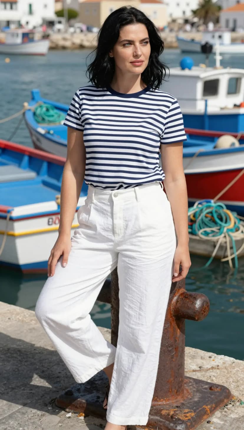 Navy Striped Cotton T-shirt + White Linen Wide-Leg Trousers