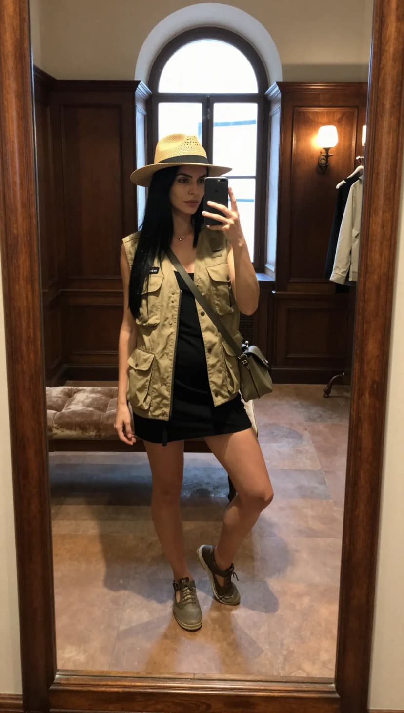 Beige Utility Vest + Black Cotton Mini Dress + Brown Leather Lace-Up Shoes