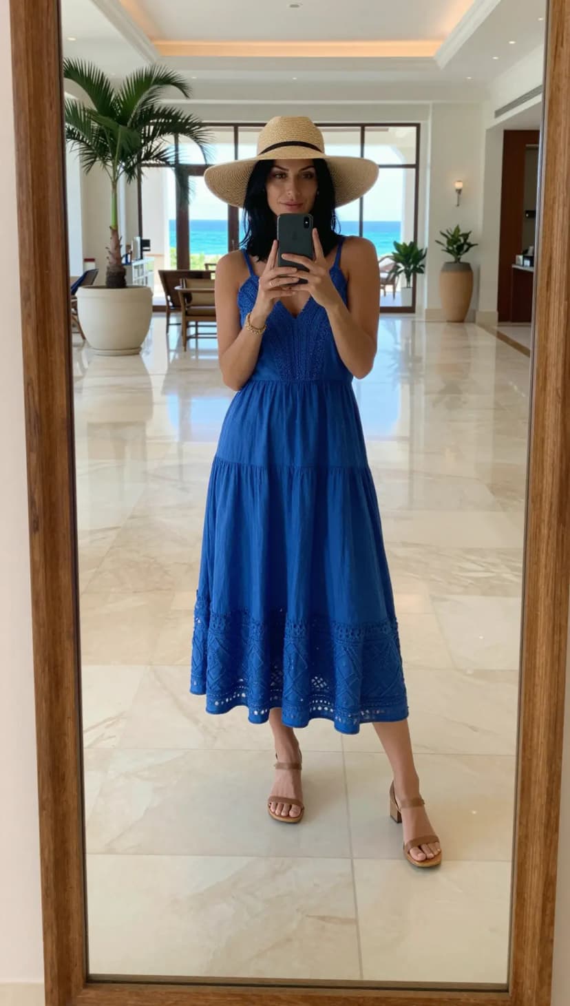 Royal Blue Cotton Sundress + Natural Straw Wide-Brim Hat + Tan Leather Block Heel Sandals