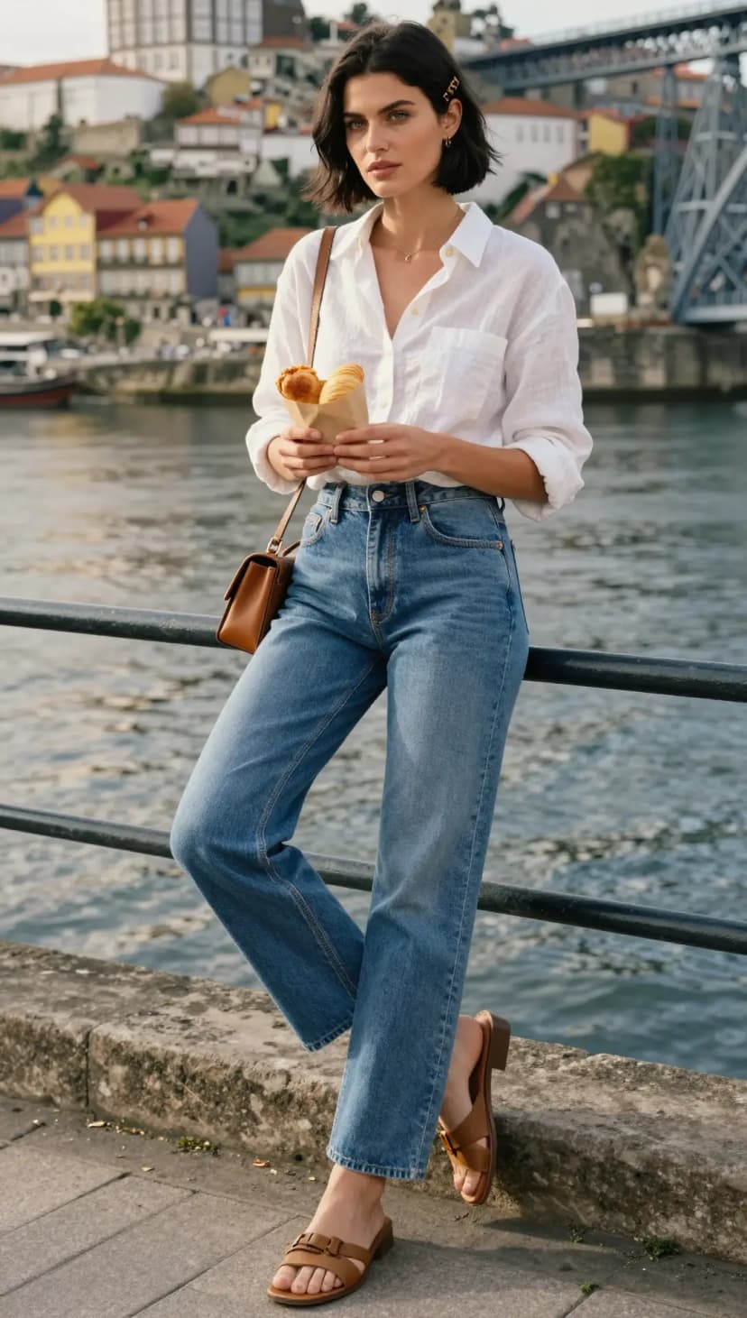 White Linen Shirt + Blue Denim Jeans + Brown Leather Slides