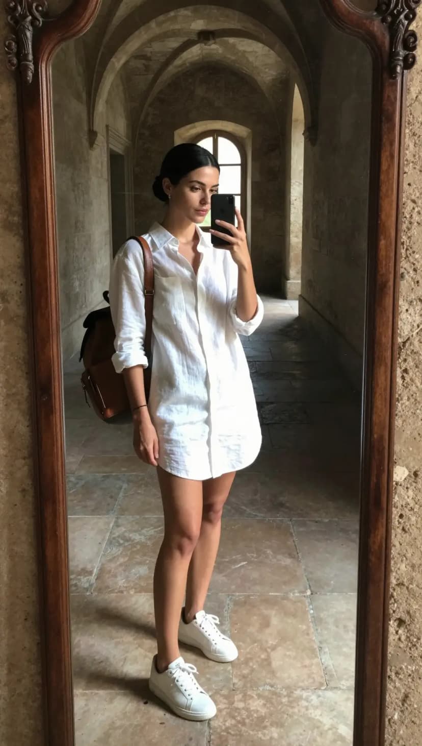 White Linen Oversized Shirt Dress + White Leather Sneakers