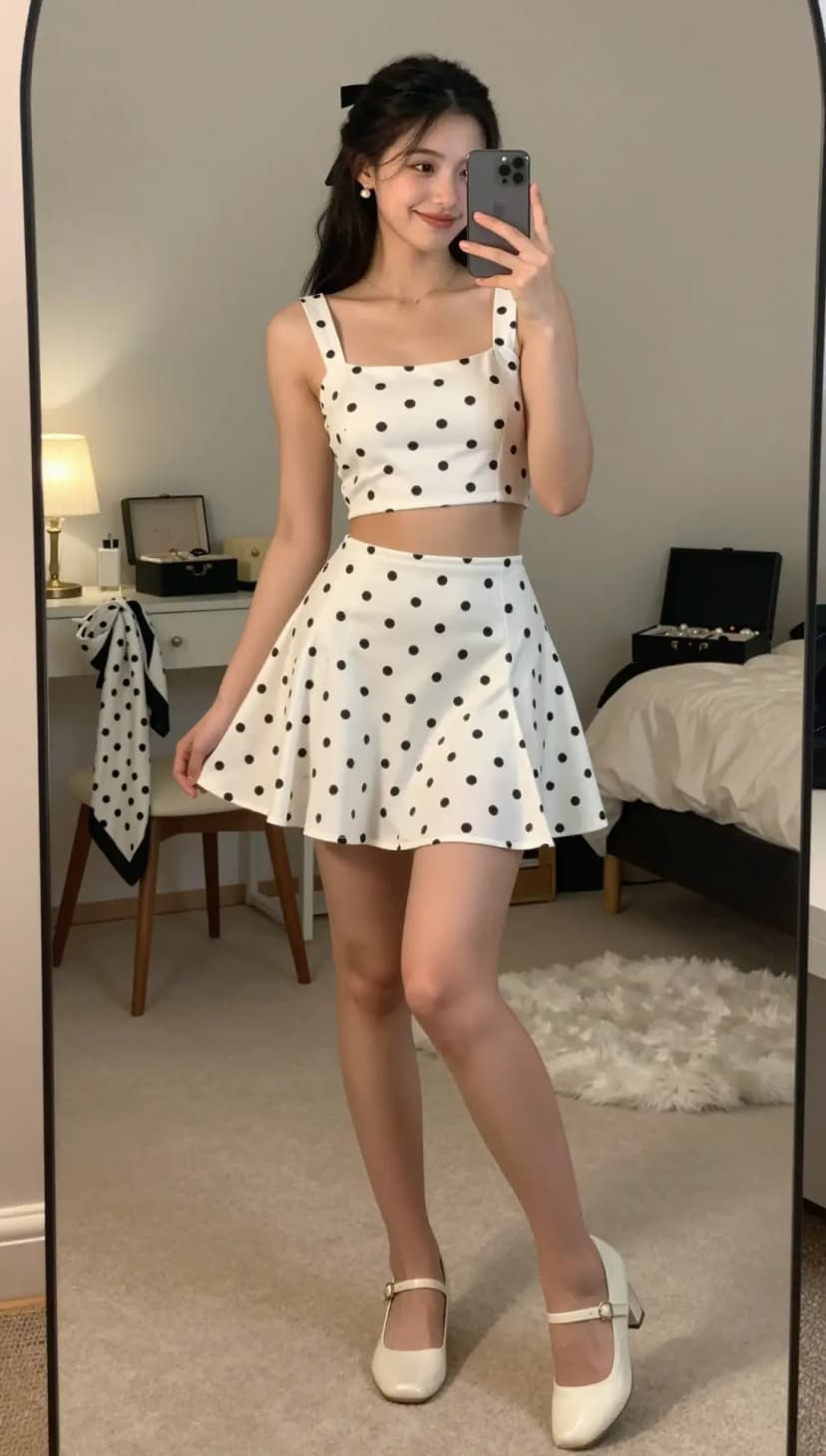 White Polka Dot Crop Top + White Polka Dot Mini Skirt