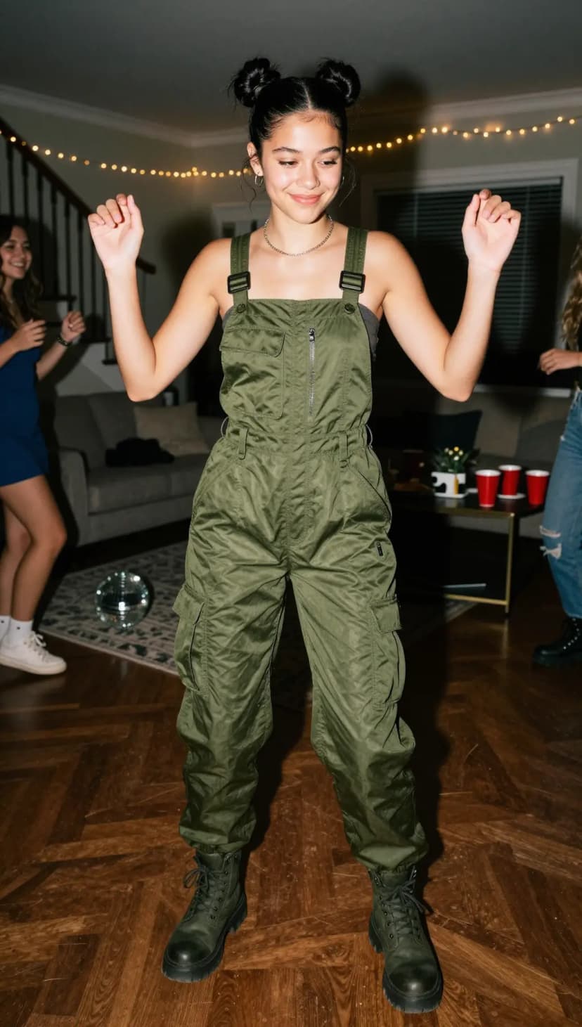 Olive Nylon Jumpsuit + Black Leather Boots