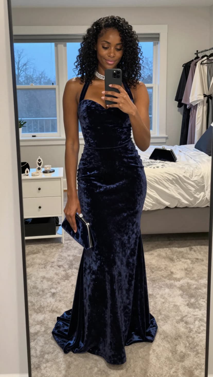 Navy Velvet Mermaid Gown + Crystal Choker + Silver Clutch