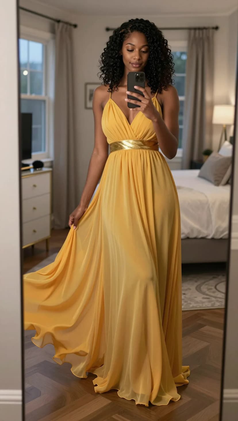 Yellow Chiffon Gown + Gold Metallic Belt
