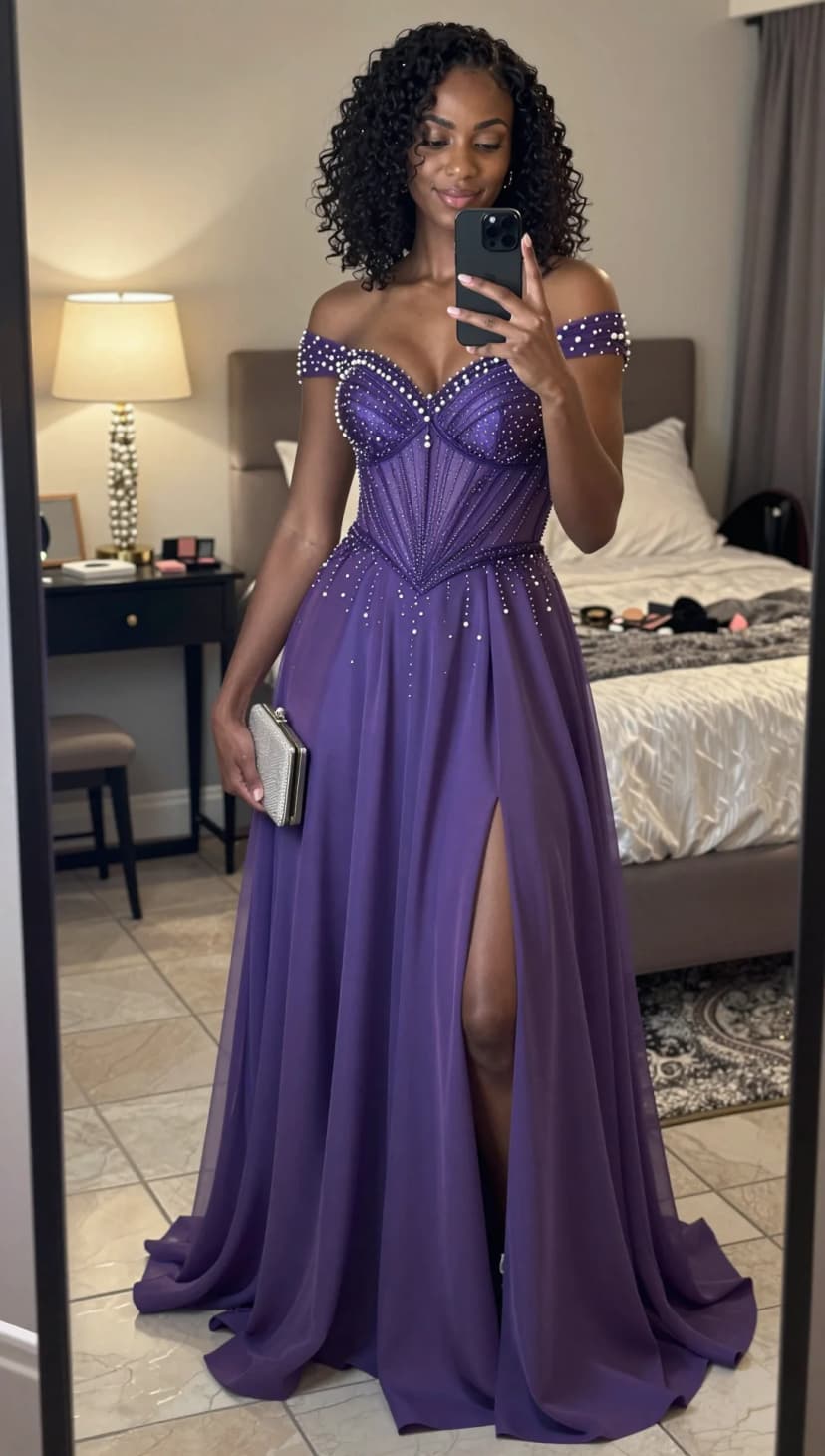 Purple Beaded Off-the-Shoulder Gown + Silver Clutch
