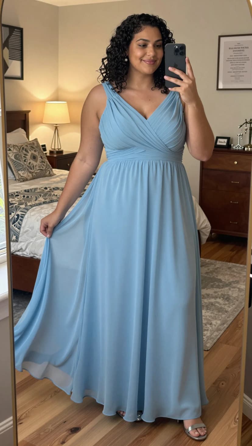 Sky Blue Chiffon Gown + Silver Strappy Heels