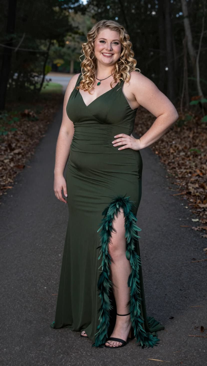 Olive Feather Trim Gown