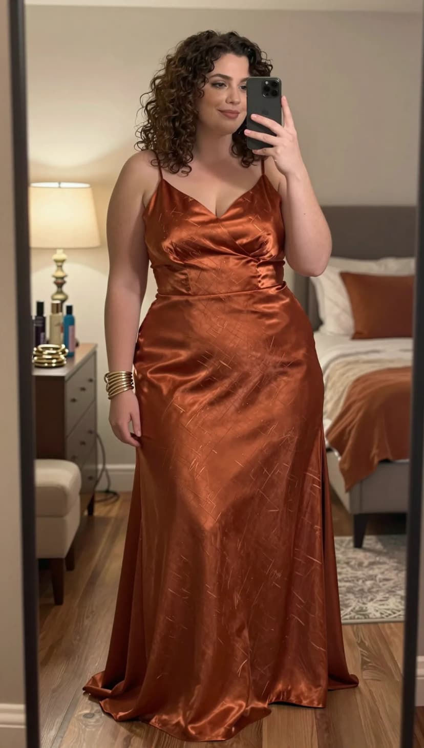 Bronze Satin Print Maxi Dress + Gold Bangles