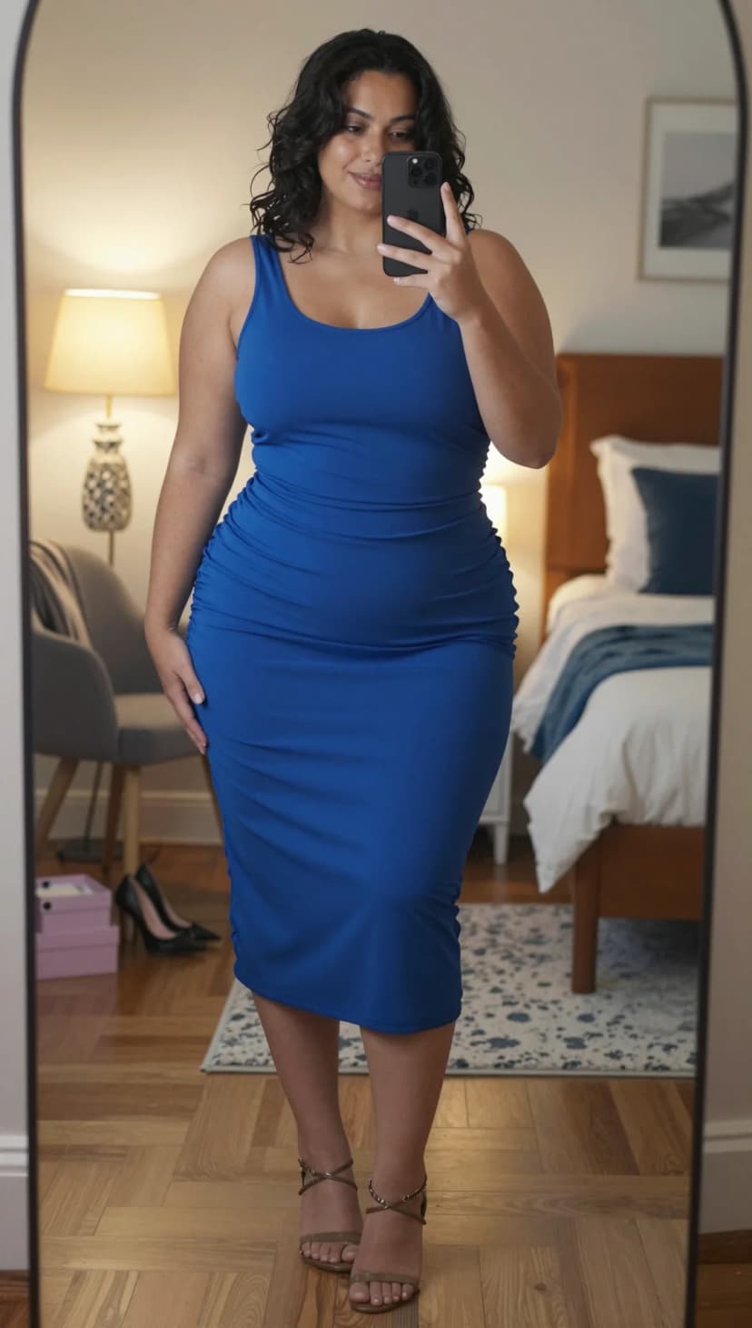 Royal Blue Ruched Knit Midi Dress + Taupe Strappy Heels