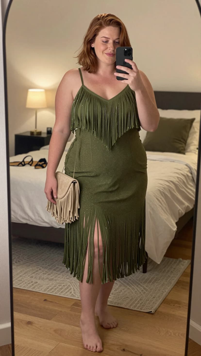 Olive Sequin Fringe Dress + Beige Suede Fringe Bag
