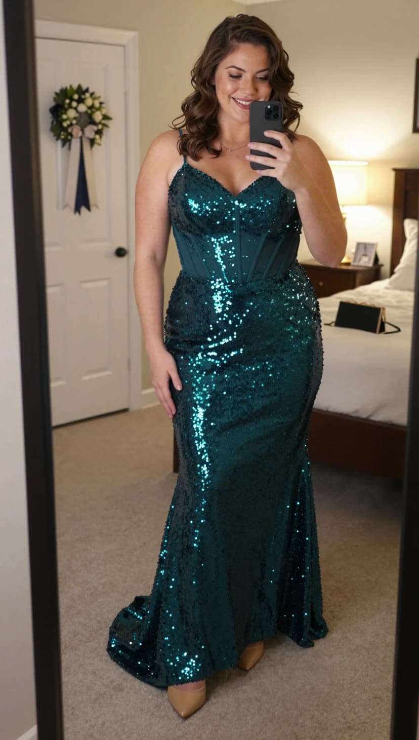 Teal Sequin Corset Gown + Nude Pointed-Toe Heels