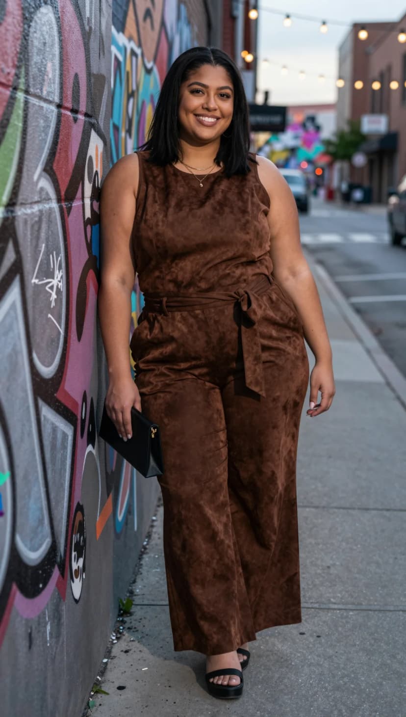 Brown Suede Jumpsuit + Black Platform Sandals + Black Clutch