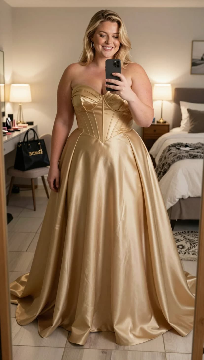 Gold Satin Strapless Corset Ball Gown
