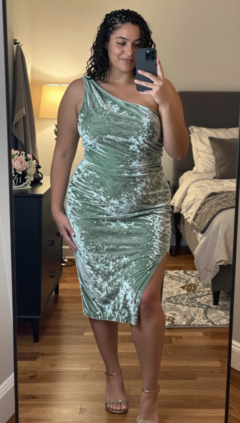 Sage Velvet One-Shoulder Dress + Taupe Ankle Strap Heels