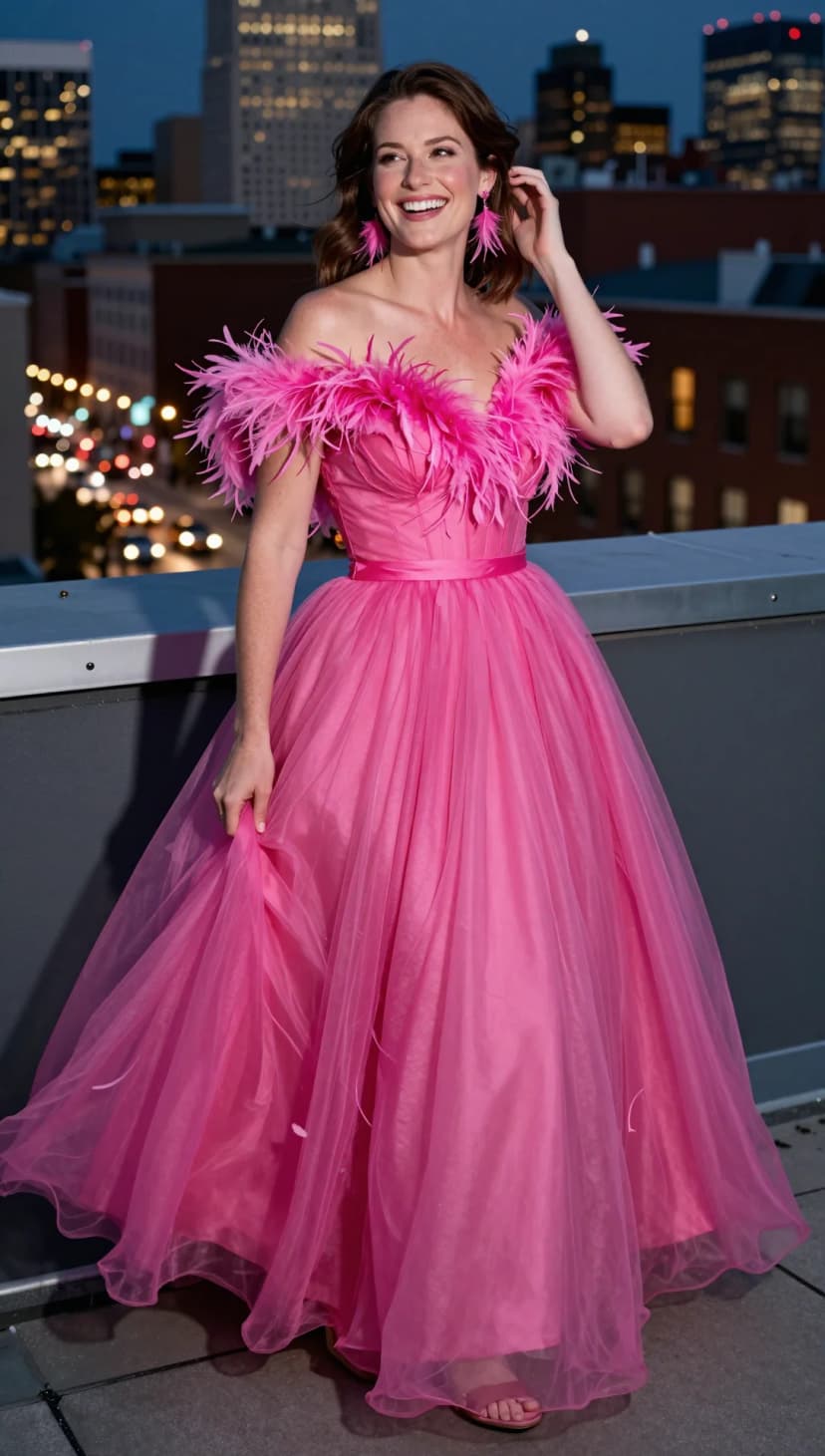 Hot Pink Tulle Off-The-Shoulder Feather Trim Gown + Hot Pink Feather Earrings