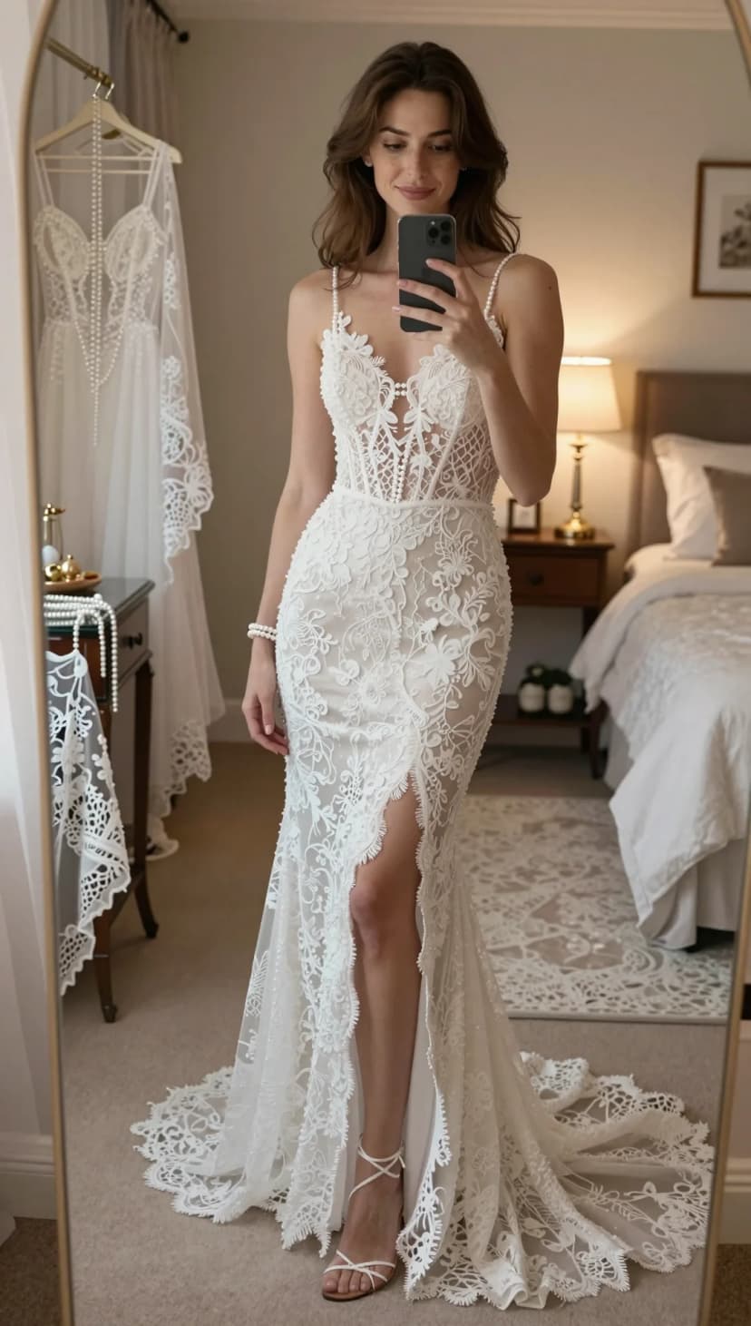 White Lace Sheath Gown + White Strappy Heels