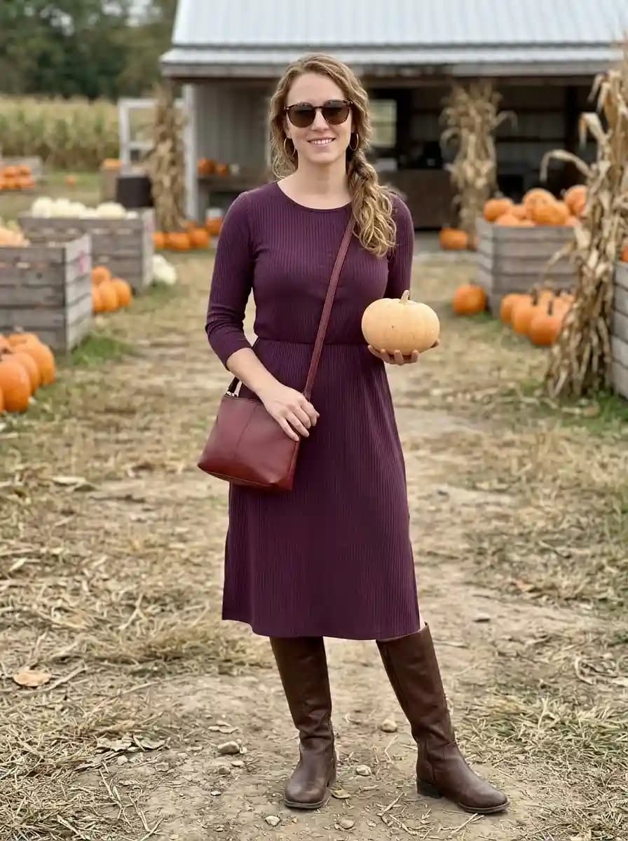 Deep burgundy ribbed midi dress paired with chocolate-brown knee-high boots