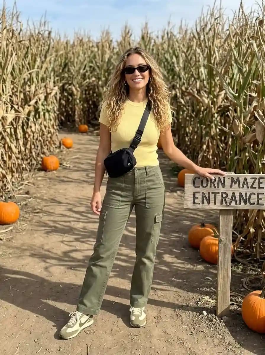 Butter yellow tee with high-waisted olive cargo pants, neutral sneakers, and black belt bag