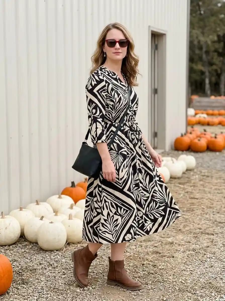 Black and cream printed midi dress with rich brown ankle boots and black crossbody bag