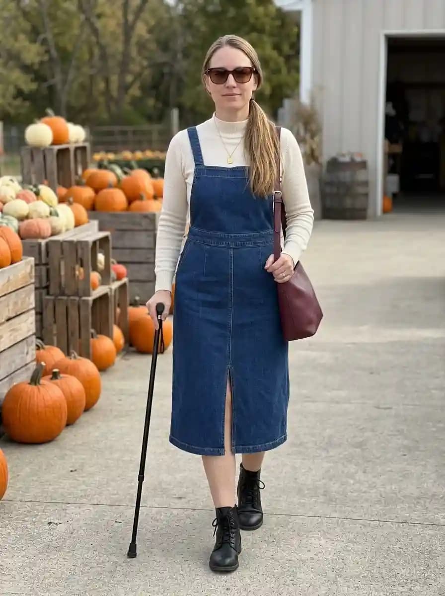 Cream turtleneck layered under dark denim overall dress with black ankle boots