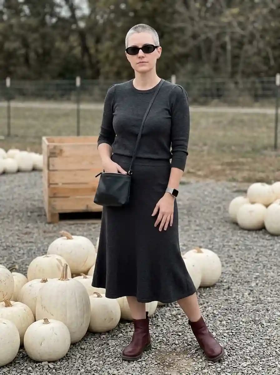 Fitted charcoal sweater with dark grey midi skirt and burgundy ankle boots