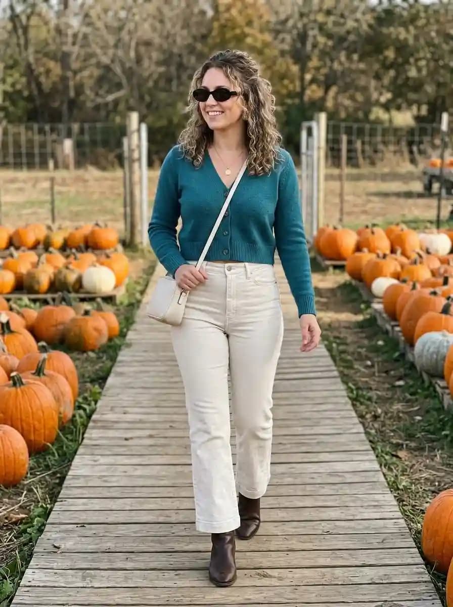 Fitted teal cropped cardigan with high-waisted cream jeans and dark brown ankle boots