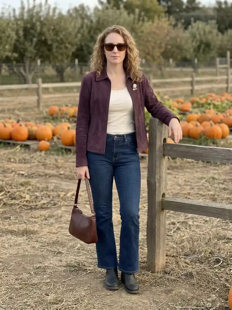 Burgundy suede jacket over cream top and dark-wash flare jeans