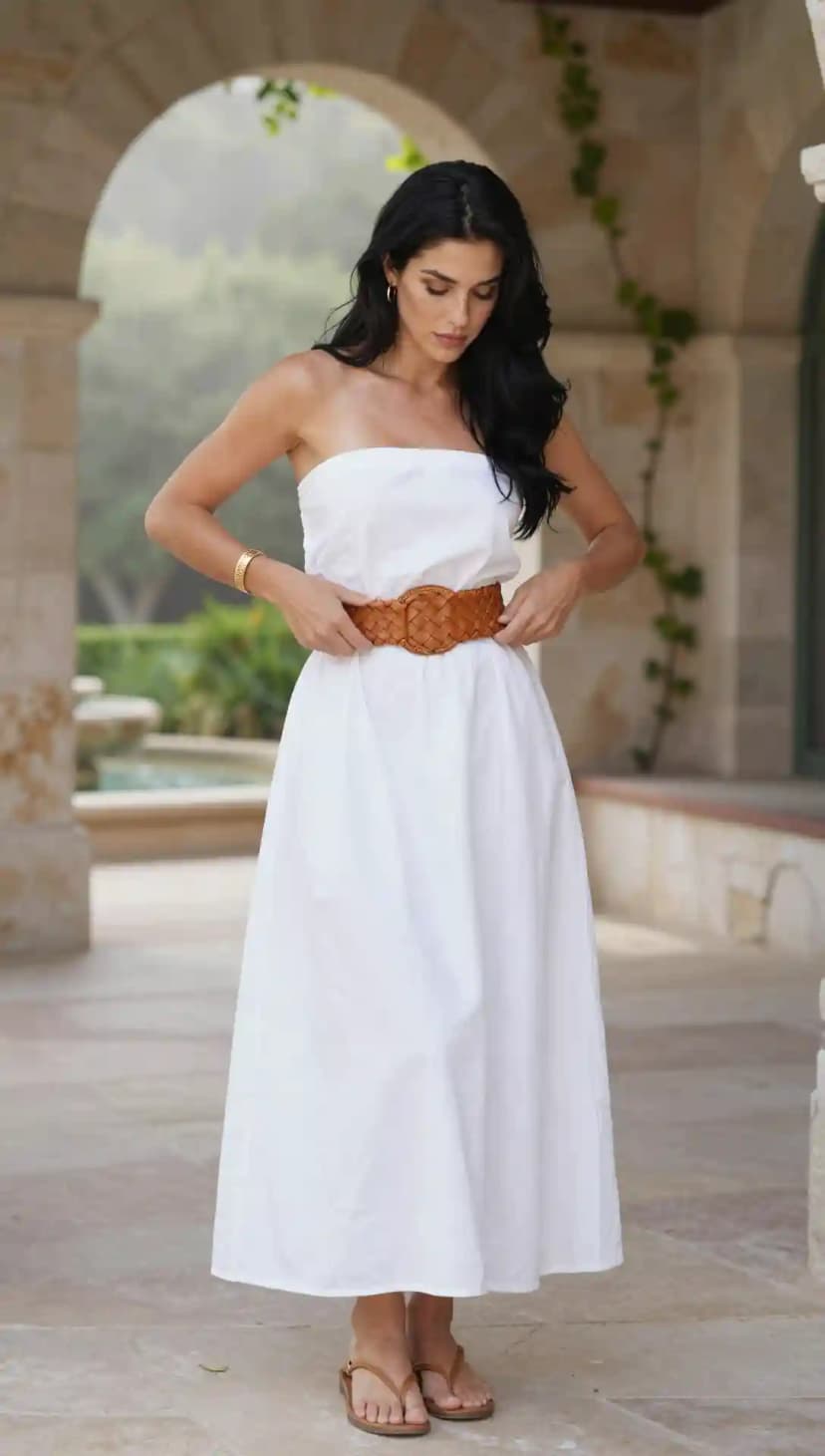 White Strapless Midi Dress + Woven Brown Belt + Gold Hoop Earrings + Gold Cuff Bracelet + Brown Leather Sandals