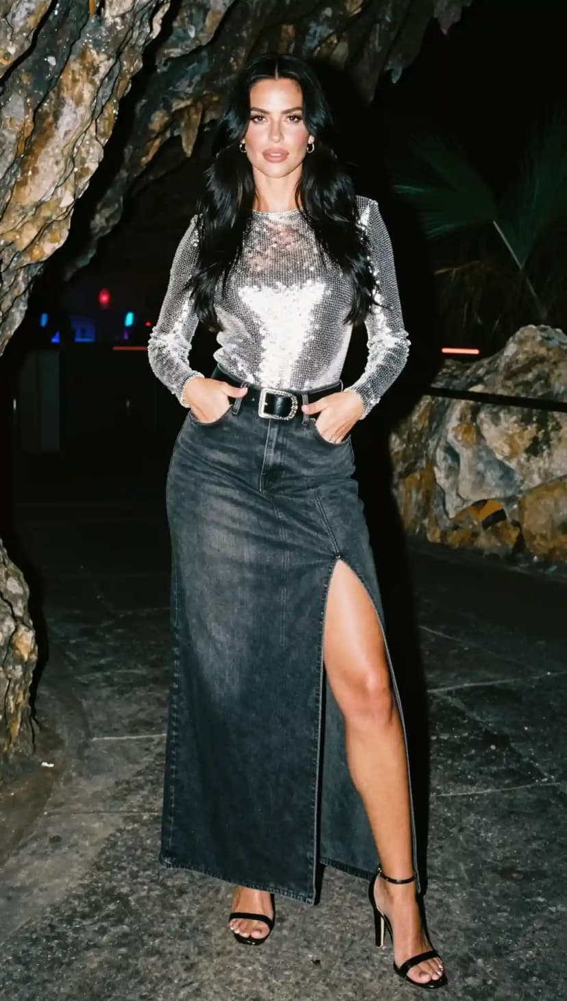 Silver Sequin Top + Dark Wash Denim Maxi Skirt + Black Belt + Black Heels