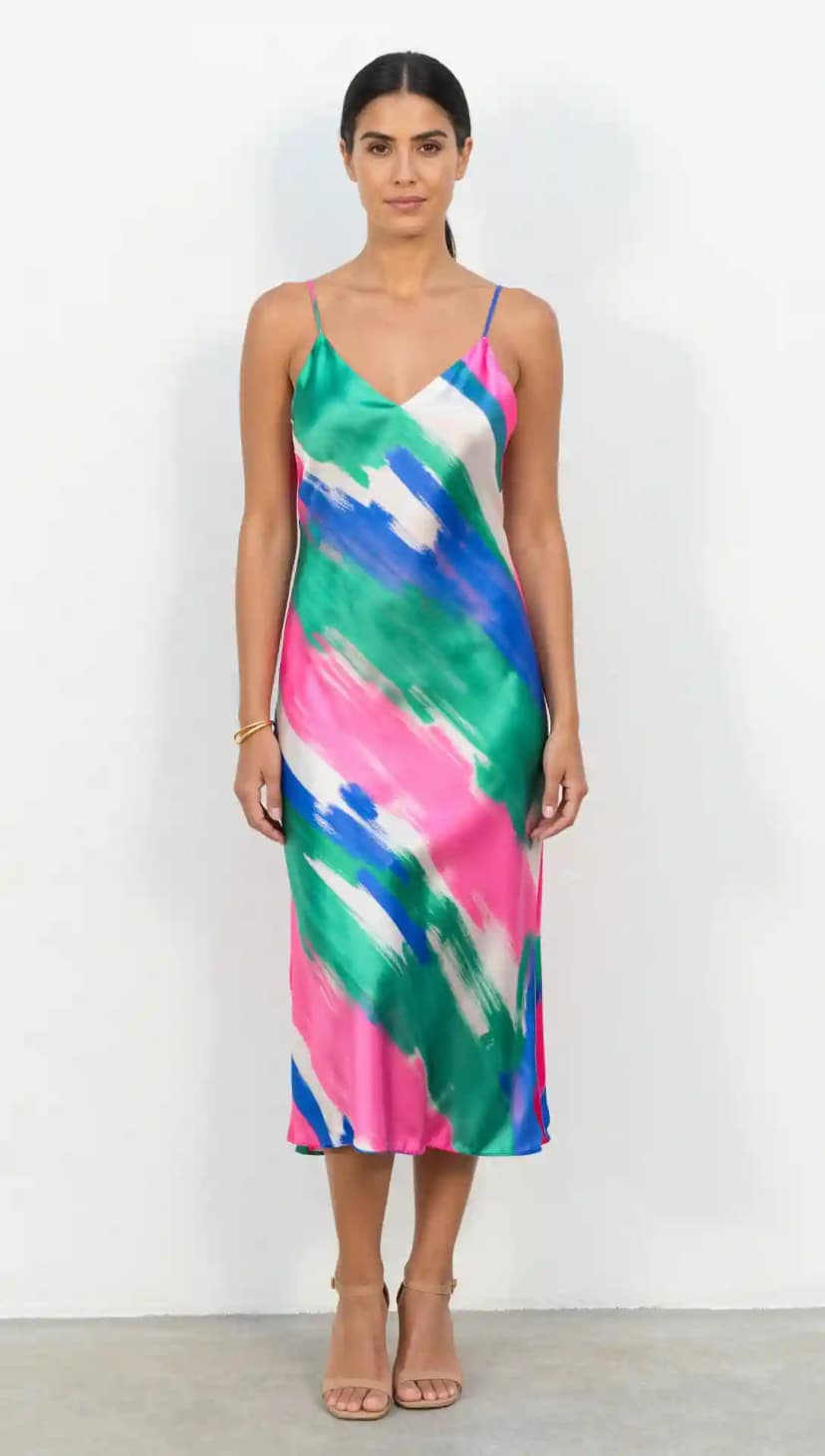 Satin Slip Dress + Strappy Heels + Gold Bracelet