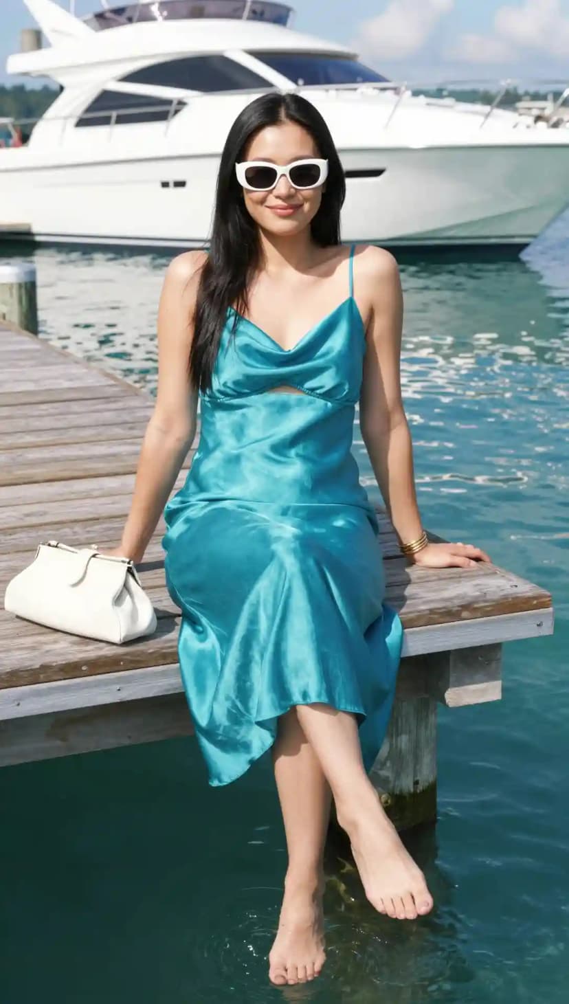 Teal Satin Slip Dress + White Clutch + Gold Bangles + White Cat-Eye Sunglasses