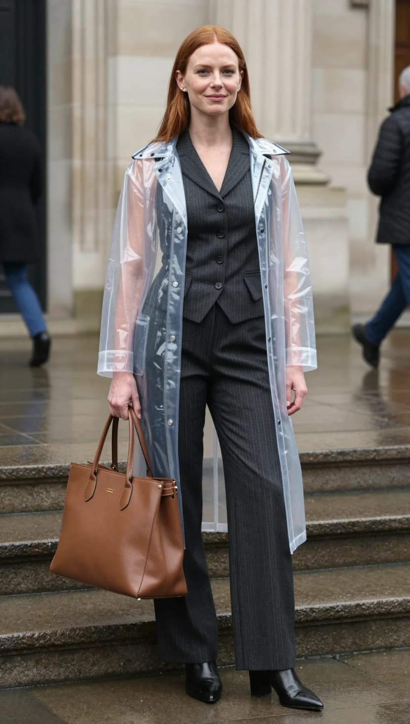 Clear Vinyl Trench Coat + Charcoal Pinstripe Vest + Charcoal Pinstripe Trousers + Black Leather Ankle Boots