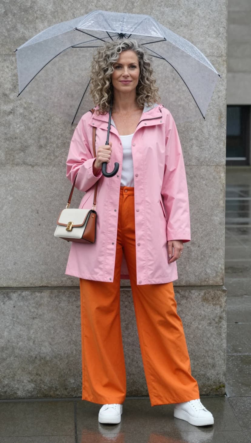 Pink Nylon Raincoat + White Cotton Tank Top + Orange Cotton Wide-Leg Trousers + White Leather Platform Sneakers