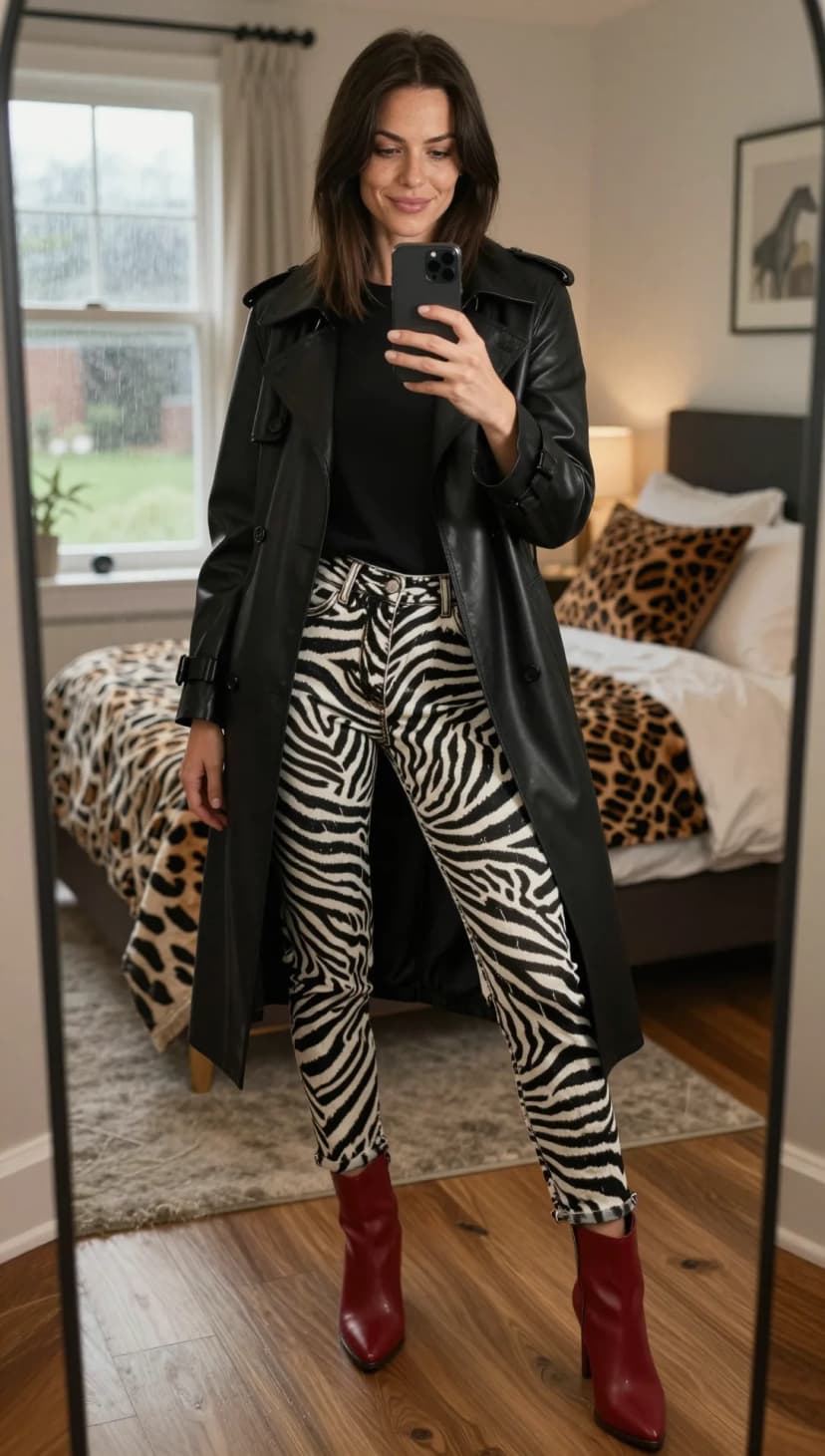 Black Leather Trench Coat + Black Crew Neck T-shirt + Black and White Zebra Print Jeans + Burgundy Pointed Ankle Boots