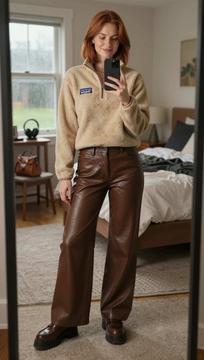 Cream Sherpa Half-Zip Pullover + Chocolate Faux Leather Wide-Leg Pants + Brown Chunky Loafers