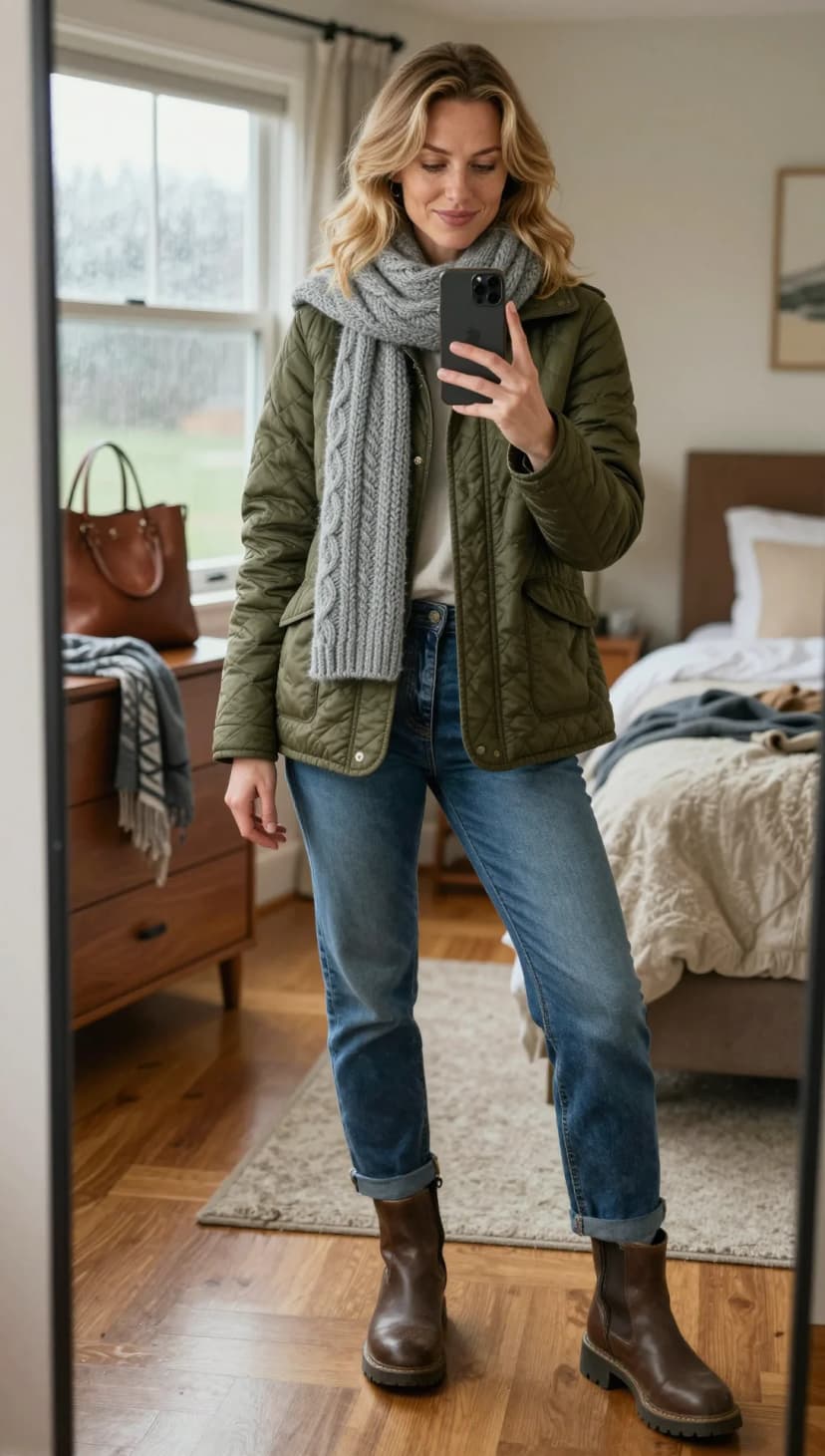 Olive Quilted Jacket + Light Wash Denim Jeans + Brown Leather Boots