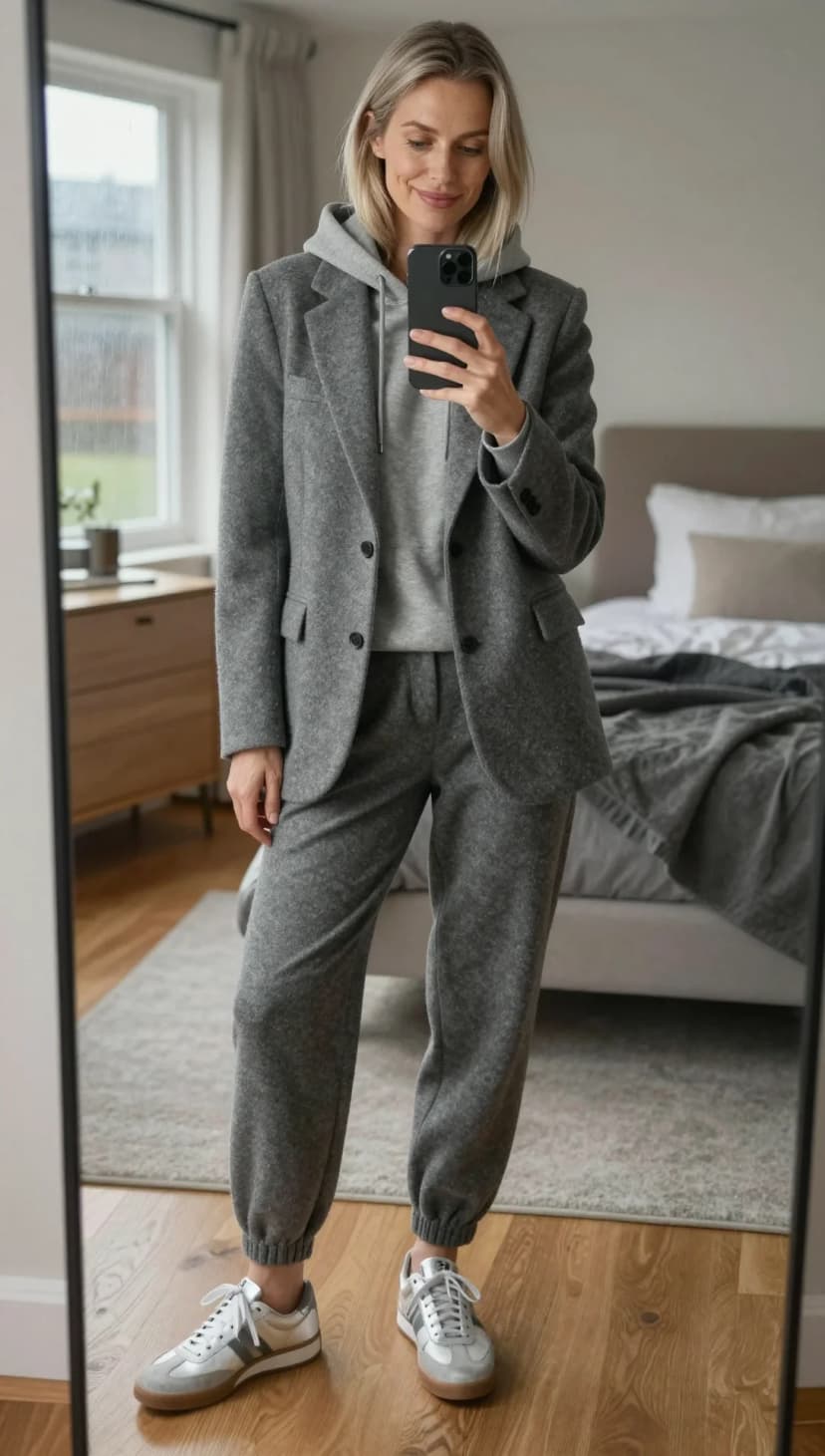 Grey Wool Blazer + Grey Fleece Hoodie + Grey Fleece Joggers + Silver Leather Sneakers