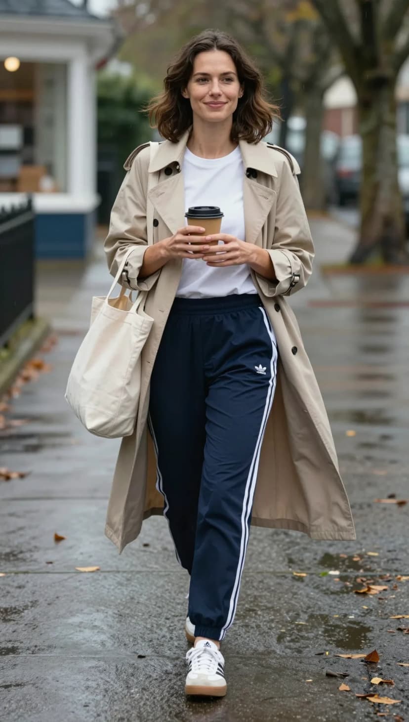 Beige Cotton Trench Coat + White Cotton T-shirt + Navy Polyester Track Pants + White Leather Sneakers