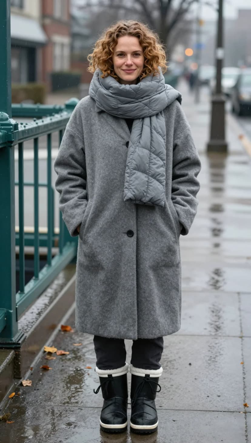 Grey Wool Coat + Grey Quilted Scarf + Black Snow Boots