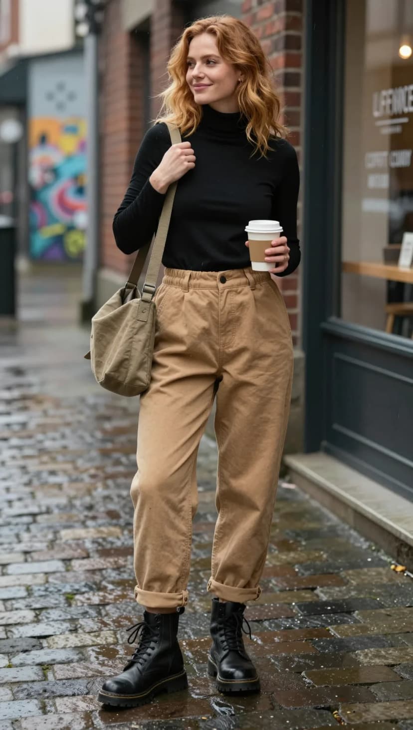 Black Ribbed Turtleneck Top + Tan Cotton Twill Trousers + Black Leather Boots